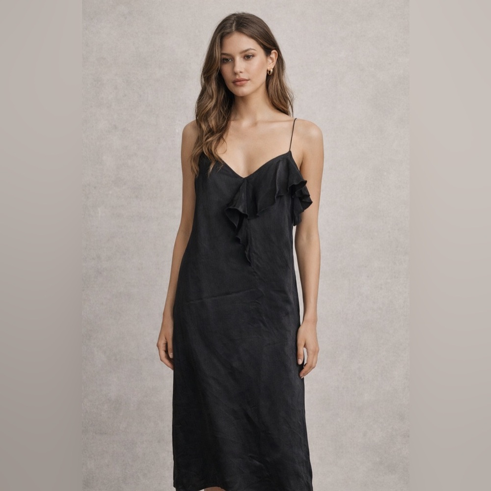 Zara Black Slip Midi Dress with Delicate Ruffle